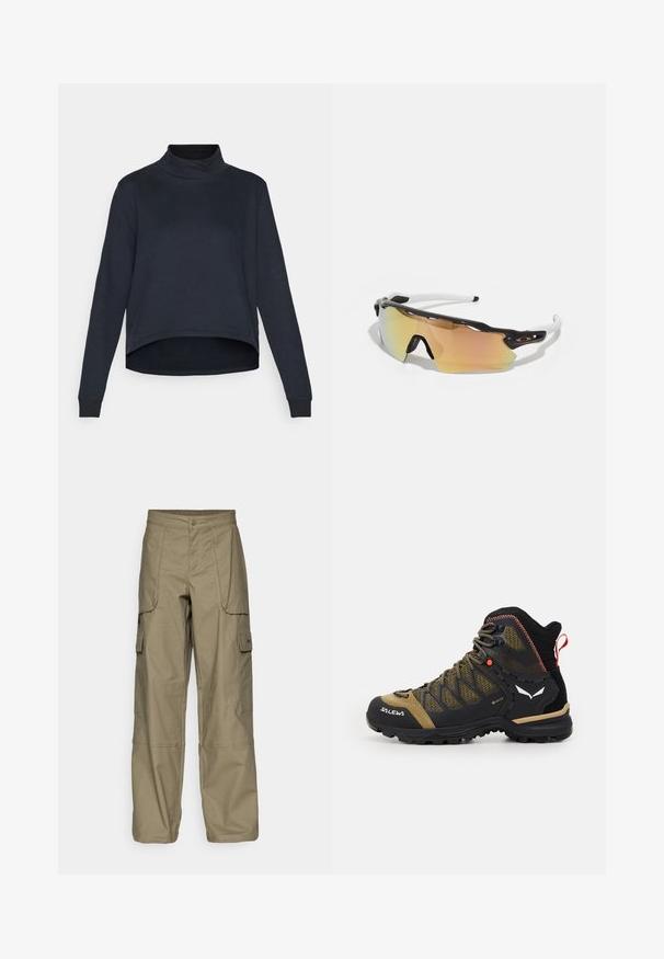 Yogasearcher BOTHI - Sportska majica - black; Olive zelene cargo hlače, izrađene od tkanine, s širokim krojem, višestrukim bočnim džepovima i kopčanjem na dugme u struku. Glatka tekstura.; Srednje visoka planinarska cipela u crnoj i maslinastoj zelenoj boji, s mrežastim gornjim dijelom, gumenim potplatom i teksturiranim detaljima te stražnjim trakama za povlačenje.; Naočale za sunce s crno-bijelim okvirom, velikim zrcalnim lećama u zlatnim i ružičastim nijansama, aerodinamičnim dizajnom i produženim vanjskim rubom.