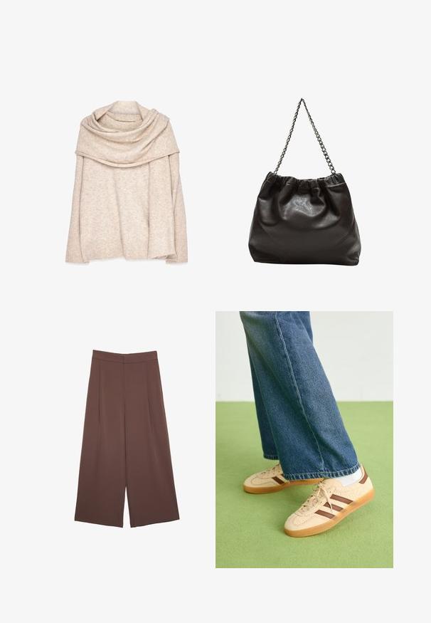 Beige, knitted pullover with a wide, draped neckline, long sleeves, and ribbed cuffs. Soft texture with a subtle heather pattern.; Brown wide-leg trousers with a smooth texture, featuring a high waist and front pleats. The fabric is lightweight and flows loosely.; Beige sneakers with textured cream panels and brown stripes, paired with blue denim jeans. The jeans have a wide leg and frayed hem.; Brown leather bag with a gathered top and a chain strap. Smooth texture with a glossy finish and subtle seam detailing on the sides.