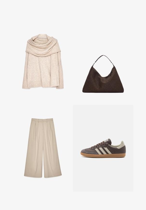 Beżowy, dziany pulower z szerokim, opadającym dekoltem, długimi rękawami i ściągaczami. Miła w dotyku tekstura z delikatnym melanżowym wzorem.; Beżowe spodnie z szerokimi nogawkami i wysokim stanem, z fałdami z przodu i gładką strukturą. Zaprojektowane z myślą o luźnym kroju przy jednoczesnym zachowaniu eleganckiego wyglądu.; Brązowe skórzane trampki z trzema jasnymi paskami, gumową podeszwą, zaokrąglonym noskiem oraz teksturowanymi zamszowymi akcentami na pięcie i nosku.; Brązowa torebka skórzana pleciona o luźnym, trójkątnym kształcie. Posiada pleciony uchwyt i zamek błyskawiczny na górze.