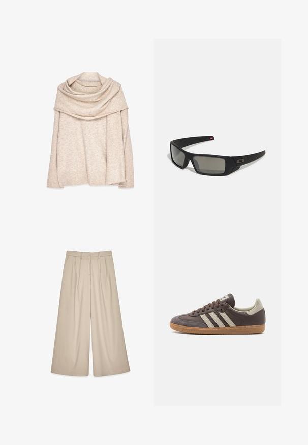 Beige, neulottu villapaita, jossa on leveä, roikkuva kaula-aukko, pitkät hihat ja resorit hihansuissa. Pehmeä rakenne, jossa on hienovarainen heather-kuvio.; Vaaleanbeige leveälahkeiset housut, joissa on korkea vyötärö, etupinnoissa on laskokset ja sileä rakenne. Suunniteltu rentoon istuvuuteen, mutta kuitenkin tyylikkään näköisiin.; Ruskeahuiset lenkkarit, joissa on kolme lyhyttä vaaleaa raitaa, kuminen pohja, pyöreä kärki ja teksturoitu mokkanahkakoristelu kannassa ja kärjessä.; Mustat aurinkolasit matta-pinnalla, suorakulmaiset linssit, hieman kaarevat tempaukset, hienovarainen logo-yksityiskohta ja savunväriset linssit.