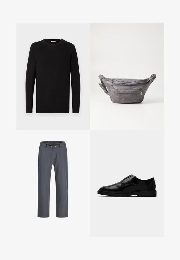 Fekete kereknyakú pulóver, hosszú ujjú, kötött anyagból, bordás mandzsettával és aljjal, minimalista dizájn, sima felület, látható minták nélkül.; Szürke, elasztikus derékpánttal ellátott nadrág, amely húzózsinórral készült. Egyenes szárú kialakítás, sima anyagból, minimális varrásokkal és látható hardver nélkül.; Fekete bőr frakkcipő sima felülettel, kerek orral, fűzős kialakítással és visszafogott gumitalppal a tapadás érdekében.; Szürke velúr övtáska kerek formával, két cipzáras rekesszel és állítható pánttal. Fém dekorációval rendelkezik.
