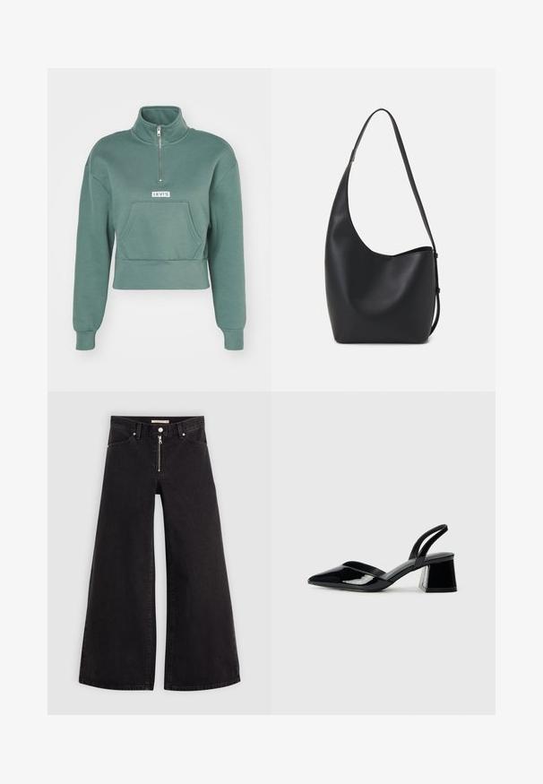 Levi's® LSEGRAPHIC SARA 1/4 ZIP - Mikina - dark forest; Dlhé nohavice vo voľnom strihu z čierneho denimu so zipsom vpredu, päť vrecúškovým dizajnom a jemnými stehovými detailmi. Hladká textúra a neformálny štýl.; Čierne lakované kožené sandálové podpätky s špicatou špičkou a geometrickým blokovým podpätkom. Disponujú elegantným, minimalistickým dizajnom a hladkým povrchom.; Čierna kožená hobo taška so hladkou textúrou, zakriveným tvarom a jedným nastaviteľným popruhom; má široké otvorenie na vrchu.