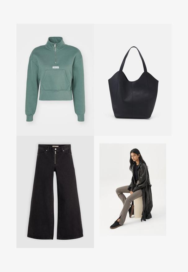 Levi's® LSEGRAPHIC SARA 1/4 ZIP - Sweatshirt - dark forest; Breda jeans i svart denim med dragkedja fram, femfickorsdesign och subtila sömdetaljer. Slät textur och avslappnad stil.; Svart läder trenchcoat, åtsittande svart topp, beiga åtsittande byxor, och svarta sneakers. Modellen sitter på en kub med långt rakt hår.; Svart tote-väska i slät läder, med en böjd, öppen topp, två axelremmar och en minimalistisk design.