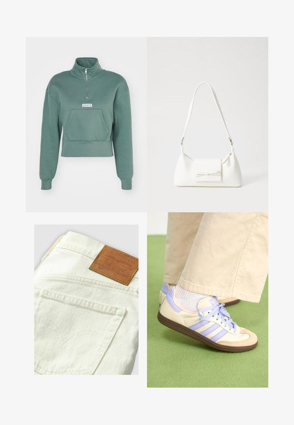 Levi's® LSEGRAPHIC SARA 1/4 ZIP - Felpa - dark forest; Jeans Levi's 501 di colore crema con etichetta in pelle marrone, caratterizzati da cuciture curve tasche posteriori e un design di denim classico.; Sneakers crema e lavanda con tre strisce e suola marrone texturizzata, dotati di lacci e tallone imbottito. Parte superiore in tessuto morbido.; Borsa sintetica bianca a forma triangolare, con patta anteriore piatta e dettaglio a fiocco, tracolla regolabile, texture liscia e design minimalista.