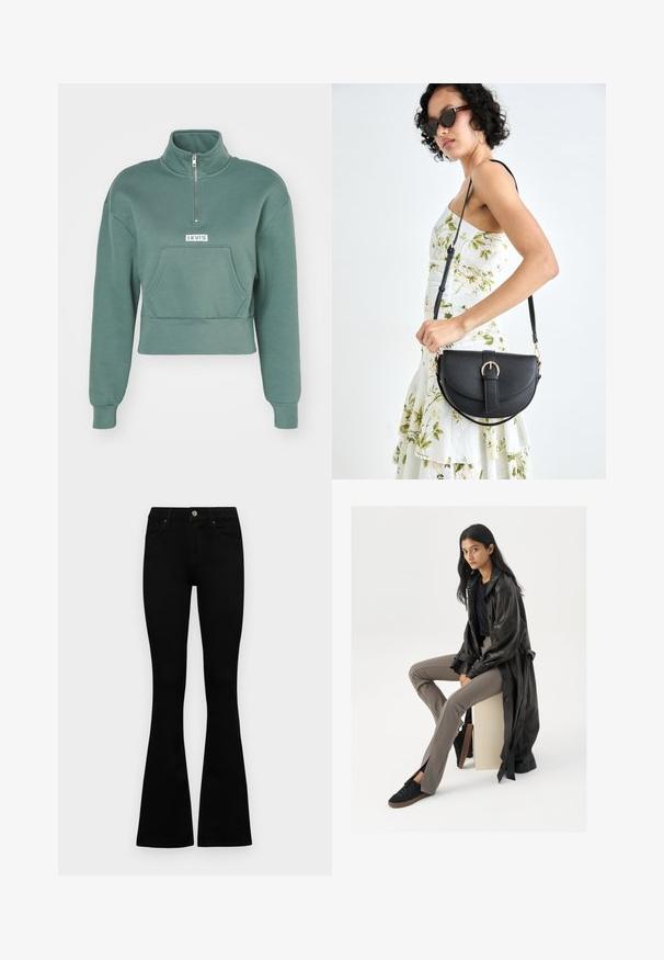 Levi's® LSEGRAPHIC SARA 1/4 ZIP - Felpa - dark forest; Jeans neri a vita alta con chiusura a bottoni e zip, tasche frontali e gambali svasati, distesi su uno sfondo bianco.; Cappotto trench in pelle nera, top aderente nero, pantaloni attillati color beige e sneakers nere. Modella seduta su un cubo, con capelli lunghi e lisci.; Borsa a tracolla nera in pelle con una forma curva, manico rimovibile e accessori dorati. La borsa presenta una patta con un dettaglio a fibbia.