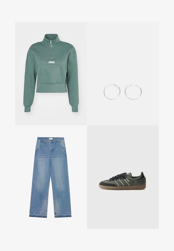 Levi's® LSEGRAPHIC SARA 1/4 ZIP - Sportinis megztinis - dark forest; Šviesiai mėlynos aukštos juosmens plačios kojos džinsai su mygtuko uždarymu, priekinėmis kišenėmis, diržo kilpomis ir subtiliomis išblukimo detalėmis.; adidas Originals SAMBA OG - Sportbačiai - core black/legend earth/gum; Sidabrinės auskarai žiedai su sėslia, apvalia forma, pasižymintys lygia paviršiumi ir be matomų puošmenų. Svoris nenurodytas.
