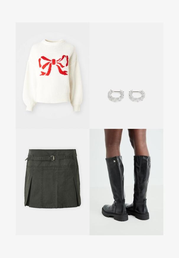 Vitt stickat tröja med en stor röd rosettdesign på framsidan. Tröjan har rund hals och ribbade ärmslut och nederkant.; Mörkgrön, bomull mini kjol med en figursydd midja, ett bälte och framfall. Har stikningar och en klassisk passform.; Svarta knähöga läderstövlar med en slät textur, rund tå, kraftig sula och dragkedjestängning. Har en silverlogotyp på sidan.; Silverfärgade hoops örhängen som har klara, rektangulära och triangulära kristaller arrangerade i ett mönstrat design. Stift för säker fastsättning.