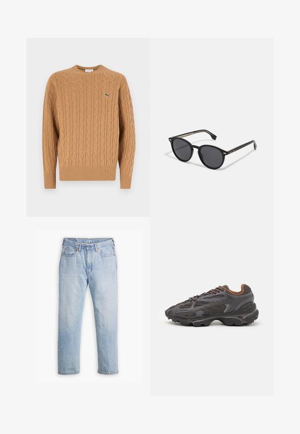 Kootud villane särk kamelivärvi, valmistatud tekstuurilisest kangast, ribidega alläär ja mansetid, rinnal väike roheline logo.; Heledad hall sinised teksad sirge sääre disainiga, viie taskuga stiil ja kontrastne õmblus. Kõhukohal nööp ja lukk.; Tumed hallid Lacoste tossud, mis on valmistatud võrkkangast ja sünteetilisest materjalist, omavad tekstureeritud talla ning pruune aktsente kaeluse ja brändingu juures.; BOSS Päikeseprillid - black