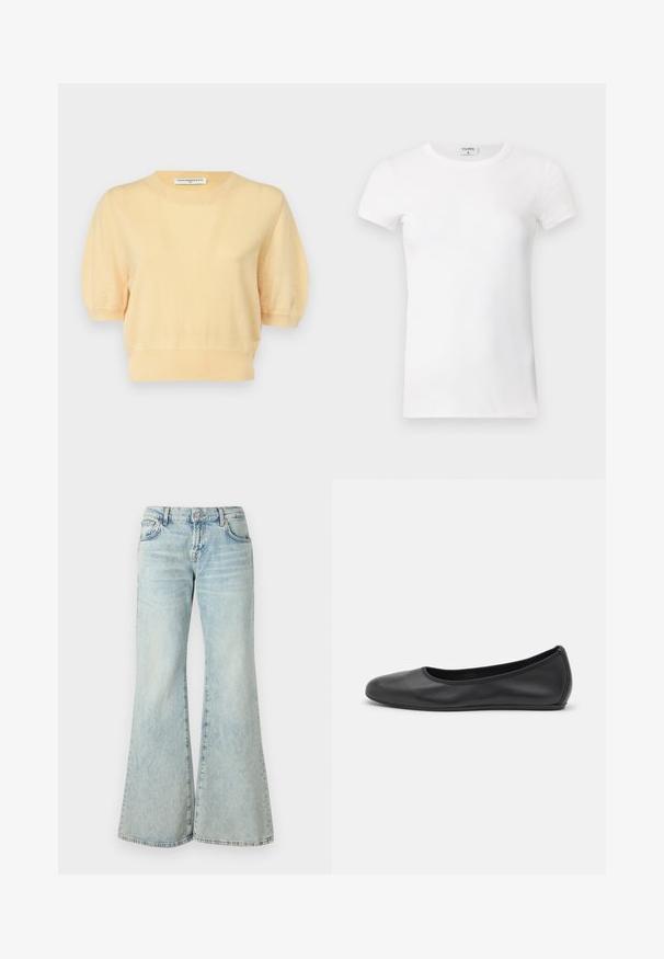 pure cashmere PUFF SHORTSLEEVE - Pulóver - butter; Fehér bordás, rövid ujjú póló, kerek nyakkal. Az anyag simának tűnik, testhezálló fazonnal. A márkázott címke a gallérnál látható.; Világoskék, trapéz szabású farmernadrág, magas derékkal, zsebekkel és fonott szegéllyel. Az anyag kifakult mosást és finom textúrát mutat.; Fekete bőr balettcipő lekerekített orral, sima tekstúrával, minimális varrással és rugalmas talp kialakítással.