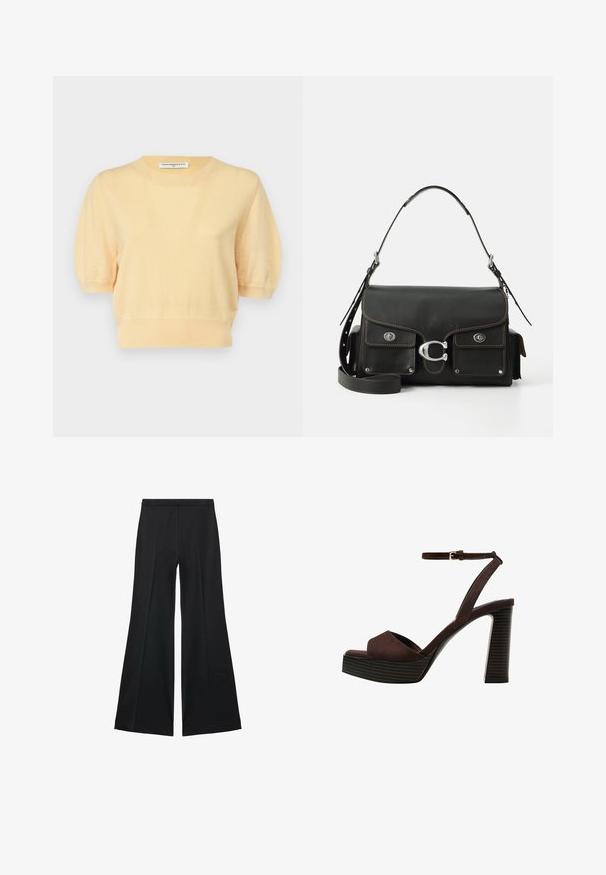 pure cashmere PUFF SHORTSLEEVE - Strickpullover - butter; Schwarze weit geschnittene Hose mit glatter Textur, ausgestattet mit Frontfalten und einem taillierten Design. Der Stoff ist leicht und fließend.; Braune Wildleder-Pumps mit offenem Zeh, verstellbarem Knöchelriemen und gestreiftem Plateausohlen.; Schwarze lederne Handtasche mit Klappenverschluss, silbernen Beschlägen, zwei Vordertaschen, kontrastierenden Nähten und einem abnehmbaren Schultergurt.