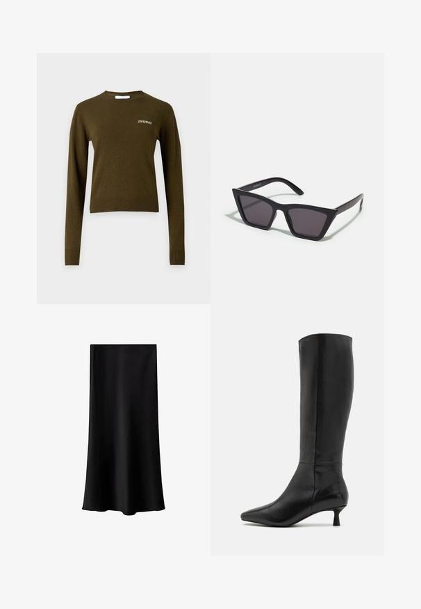 Pulover lung cu mâneci lungi, de culoare verde măsliniu, cu guler și tiv cu nervuri. Prezintă broderie subtilă albă "2ND DAY" pe piept. Textură moale.; Fustă midi neagră, realizată dintr-un material neted, ușor. Are o croială dreaptă, fără accesorii vizibile și un design simplu, fără modele.; Zign Cizme - black; Ochelari de soare negri, unghiulari, cu lentile gri; fabricați din plastic, având brațe groase cu o suprafață netedă și fără hardware vizibil.