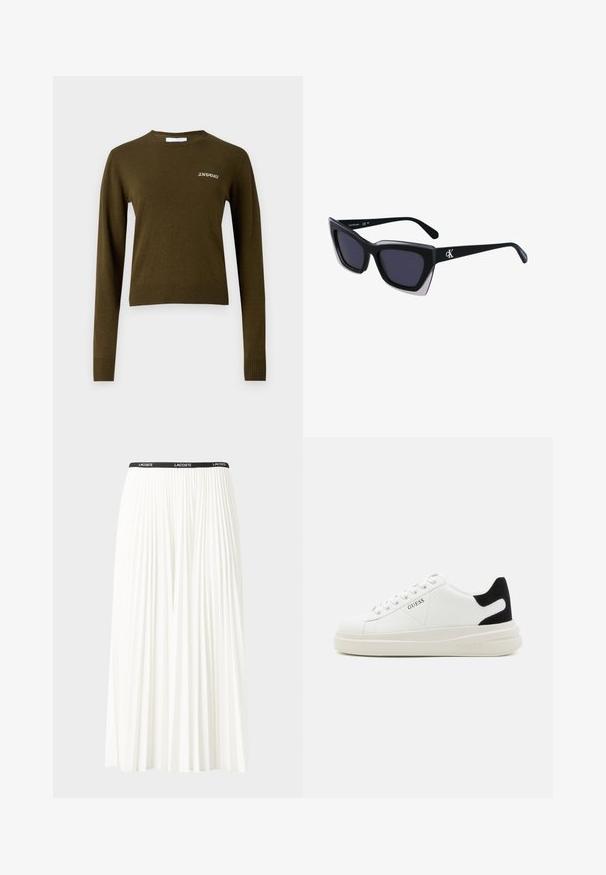 Olivově zelený svetr s dlouhým rukávem a žebrovaným výstřihem a lemem. Na hrudi je jemné bílé vyšití "2ND DAY". Měkčená textura.; Záhybová bílá sukně s černým elastickým pasem s logem "LACOSTE". Suška je střední délky a má jemnou texturu.; Bílé kožené tenisky s tlustou bílou podrážkou, černým semišovým akcentem na patě a vyraženým logem na boku. Šněrovací design se šesti očka.; Černé oversized sluneční brýle geometrického tvaru, s tmavými skly a kontrastním šedým detailem na rámu. Logo na rameni.