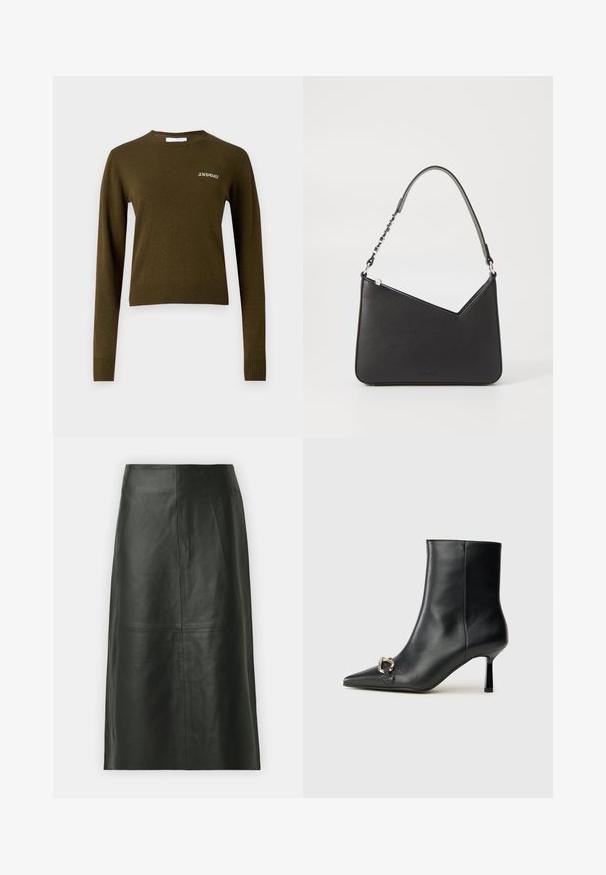 Olívazöld, hosszú ujjú pulóver bordás kerek nyakkal és szegéllyel. Diszkrét fehér "2ND DAY" hímzés található a mellrészen. Puha tapintású.; Fekete bőr midi szoknya egyenes szabással. Simaszerkezet, minimális varrások és illeszkedő derékpánt. Nincsenek látható zsebek vagy egyéb részletek.; Fekete bőr bokacsizma hegyes orral, vékony közép magasságú sarokkal és ezüst csattal az oldalon, sima háttér előtt.; Fekete bőr kézitáska háromszögletű formával, vékony pánttal és ezüst színű fém kiegészítőkkel. Cipzáras záródással és dombornyomott logóval rendelkezik elöl.