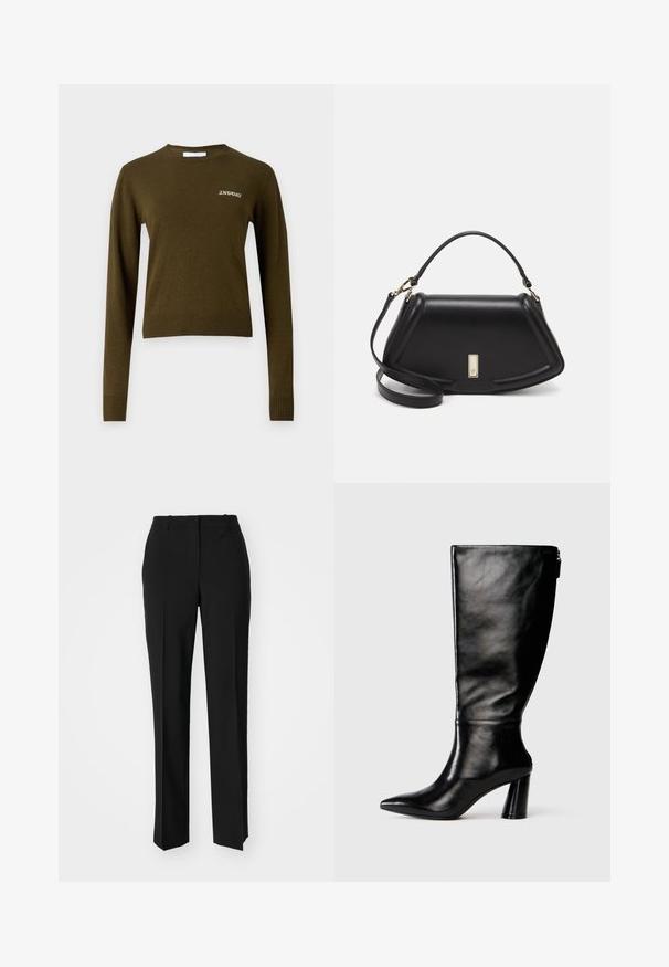 Ελαιόλαδο πράσινο, πουλόβερ με μακριά μανίκια και ριμπ λαιμόκοψη και στρίφωμα. Διαθέτει διακριτική λευκή κεντημένη επιγραφή "2ND DAY" στο στήθος. Μαλακή υφή.; Μαύρο παντελόνι με ραφή που έχει σχεδιασμό ίσιας γραμμής, διαθέτει λεία υφή και καθαρές πτυχώσεις κατά μήκος της μπροστινής πλευράς. Χωρίς ορατό μεταλλικό υλικό.; Μαύρη δερμάτινη μπότες μέχρι το γόνατο με μυτερή μύτη, λεία υφή και χοντρό τακούνι. Διαθέτει λεπτομέρεια φερμουάρ στο πίσω μέρος.; Μαύρη δερμάτινη τσάντα με δομημένο σχέδιο, που διαθέτει κομμένο σχήμα, επάνω λαβή και χρυσά μεταλλικά στοιχεία. Περιλαμβάνει ρυθμιζόμενο λουρί ώμου.