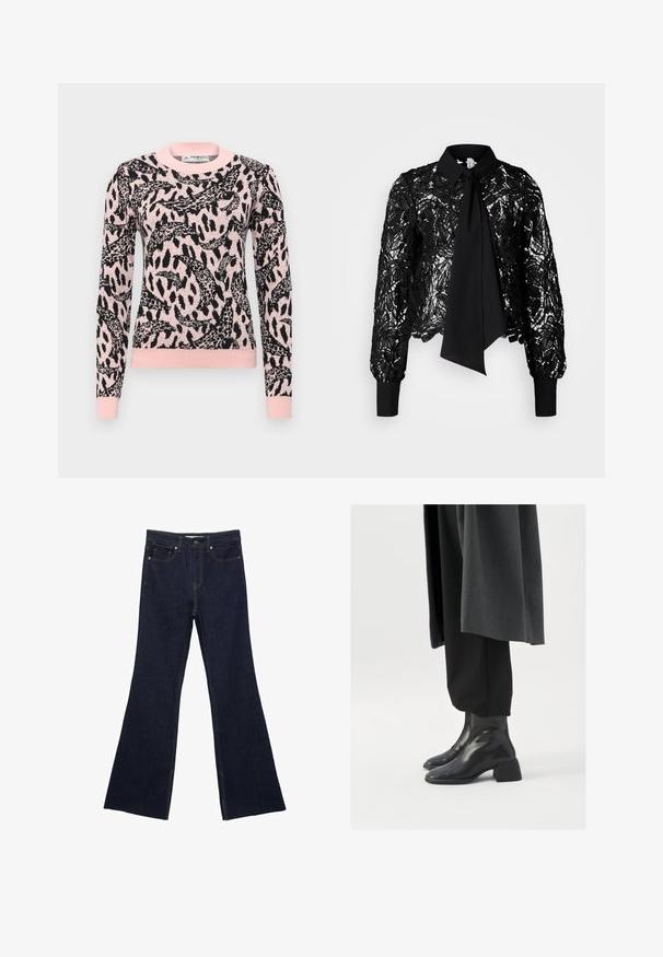 Gestrickter Pullover in Rosa mit schwarzem abstraktem Leopardenmuster. Verfügt über einen runden Halsausschnitt sowie gerippte Bündchen und Saum. Weicher, strukturierter Stoff.; Vero Moda Tall VMEDA SHORT BOW SHIRT - Bluse - black; Dunkelblaue Jeans mit ausgestelltem Bein, ausgestattet mit einem klassischen Fünf-Taschen-Design und sichtbaren Nähten. Der Stoff hat eine glatte Textur mit minimalen Verblassungen.; Schwarze Lederstiefeletten mit quadratischer Zehenform und dicker Absatz, getragen mit lockeren schwarzen Hosen und einem dunkelgrauen Mantel. Glatte Oberflächenstruktur.