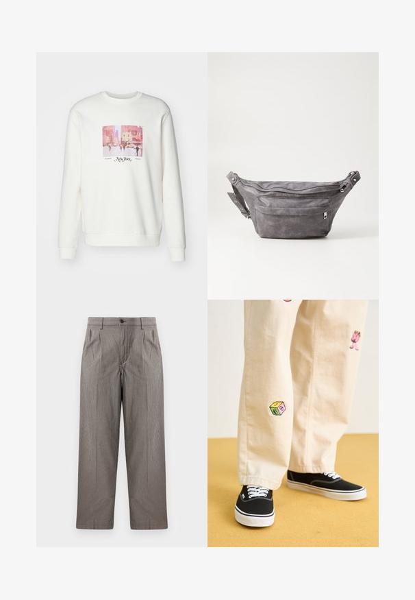 Hvit sweatshirt med et kvadratisk grafikk som viser en byscene. Utsmykket med teksten "New York" og "Siden 2013" under bildet.; Grått hundetannsmønster bukser med rett ben-design, med folder, belte med knappelukking, og sidelommer.; Beige bomullsbukser med lekne broderte design, inkludert en rosa karakter og fargede blokker, kombinert med svarte snørebåndssko.; Grå semsket fanny pack med avrundet form, to glidelåslommer og justerbar stropp. Har metallbeslag som detaljer.