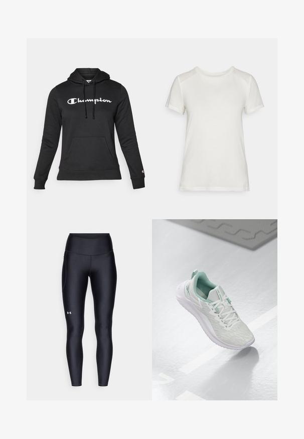 Svart hettegenser laget av mykt stoff, med en lomme foran, snøring og en fremtredende hvit "Champion"-logo på brystet.; Hvit t-skjorte med kort erm laget av mykt stoff, med rund hals og en avslappet passform med glatte, sømløse skulderdetaljer.; Sorte leggings laget av glatt, elastisk materiale med høy midje. Har en hvit logo på venstre lår og en tettsittende design.; Lys grå idrettssko med en teksturert strikket overdel, mintgrønne detaljer, hvite snøringer, gummisåle og en løftestropp på hælen.