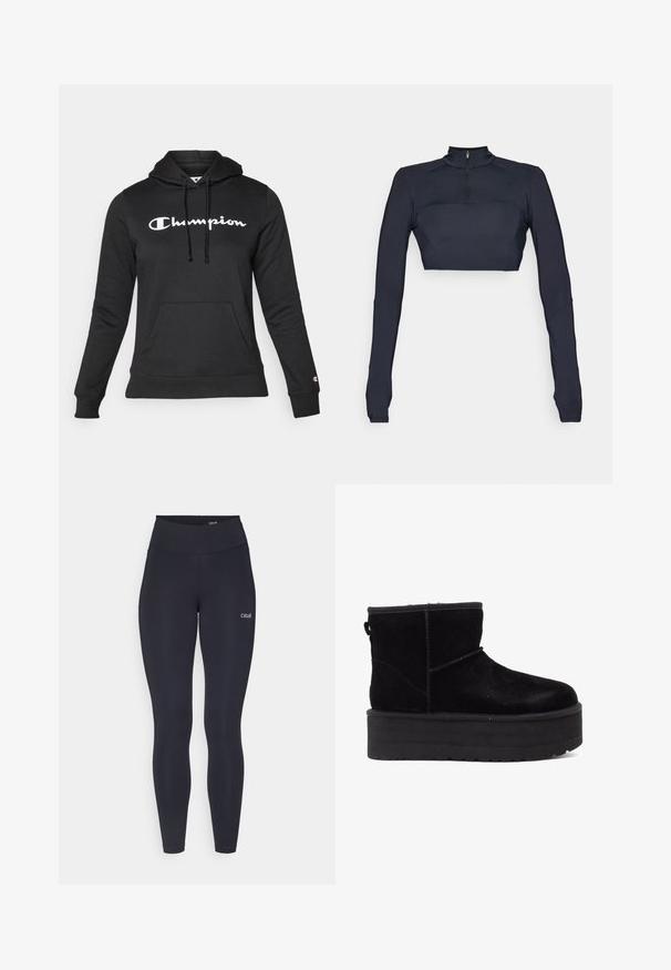Black hoodie made of soft fabric featuring a front pouch pocket, drawstrings, and a prominent white "Champion" logo on the chest.; Navy blue long-sleeve crop top with a mock neck and quarter zip, featuring textured shoulder panels and a fitted silhouette.; Black leggings with a high waistband, made from stretchy fabric, featuring a small white logo on the thigh and smooth texture.; Black suede ankle boots with a thick platform sole and soft lining. Finished with stitching accents and a rear pull tab for easy wear.