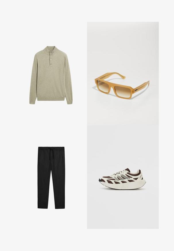 Lichtgroene pullover met een hoge kraag, een vijf-knoop sluiting en lange mouwen. Gemaakt van zacht, gestructureerde stof met geribde manchetten en een geribde zoom.; Massimo Dutti JOGGER FIT - Broek - black; Bruine en crème sneaker met een mesh bovenwerk, textuur overlays en een ronde, dikke witte zool. Bevat een low-profile tong en veters.; Rechthoekige zonnebril met een doorzichtige amberkleurige frame. Verloopbruin glazen en opvallende veren met een logo-accent. Soepele, glanzende afwerking.