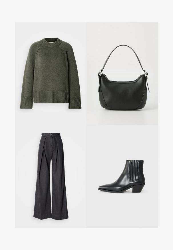Zielony sweter na drutach z okrągłym dekoltem, rękawami raglanowymi i prążkowanym wykończeniem na dole i mankietach. Wykonany z miękkiego, teksturowanego materiału.; Szerokie czarne dżinsowe spodnie z wysokim stanem, z wykrojem z przodu i klasycznym zapięciem na suwak. Wyrazista, gładka textura o czystym wykończeniu.; Czarne skórzane botki za kostkę z wysmuklonym noskiem, elastycznymi bocznymi panelami z pionowymi rowkami oraz niskim blokowym obcasem. Gładka tekstura i elegancki design.; Czarna skórzana torebka o zaokrąglonym kształcie, z srebrnym zamkiem błyskawicznym i krótkim uchwytem. Posiada subtelne logo z przodu i gładką teksturę.