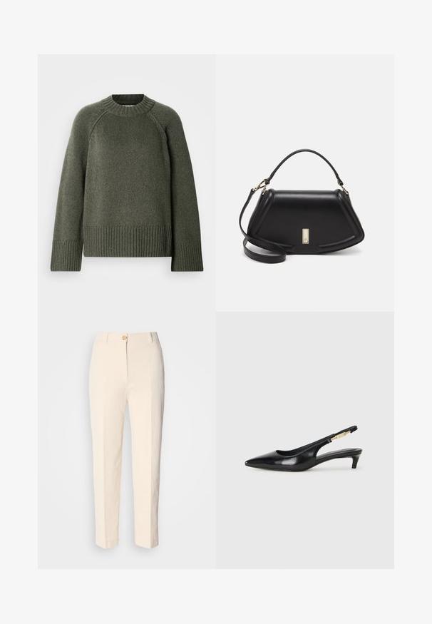 Grüner Strickpullover mit Rundhalsausschnitt, Raglanärmeln sowie geripptem Saum und Bündchen. Hergestellt aus einem weichen, strukturierten Material.; Cremfarbene, hochtaillierte Hose aus strukturiertem Stoff. Mit einem Knopfverschluss vorne und schmal zulaufenden Beinen.; Schwarze Leder-Slingback-Pumps mit spitzem Schuhblatt, ausgestattet mit einem schlanken Absatz und einem goldfarbigen Akzent am verstellbaren Riemen. Glatte Textur.; Schwarze Lederhandtasche mit einem strukturierten Design, das eine verkürzte Form, einen oberen Griff und goldfarbene Hardware-Details aufweist. Verstellbarer Schulterriemen ist enthalten.