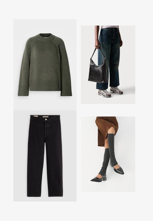 Pulover tricotat verde cu guler rotund, mâneci raglan și tiv și manșete cu rețea. Confecționat dintr-un material moale, texturat.; Jeans negri cu croi dreapt, din denim. Dispune de buzunare frontale, închidere cu nasture și cusături contrastante.; Pantofi negri din piele lacuită, cu vârful ascuțit, toc bloc și curea la glezna, asortați cu jambiere gri cu nervuri și o fustă din suede maro.; Geantă de umăr din piele neagră, cu o textură netedă și curea ajustabilă, asortată cu blugi evazați și adidași.