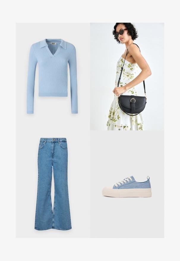 Pulover ribbon de culoare albastră deschisă, cu mâneci lungi, decolteu în V și guler; are o textură moale și un design ajustat.; Jeanși evazați de culoare albastru deschis, din denim, cu talie înaltă, cinci buzunare și închidere cu un singur buton. Textură moale cu un finisaj decolorat.; Sneakers din pânză de culoare albastru deschis, cu vârf și talon din cauciuc crem, având șireturi albe și un maner pe călcâi.; Geantă din piele neagră, cu o formă curbată, curea detașabilă și accesorii aurii. Geanta are un capac cu un detaliu tip cataramă.