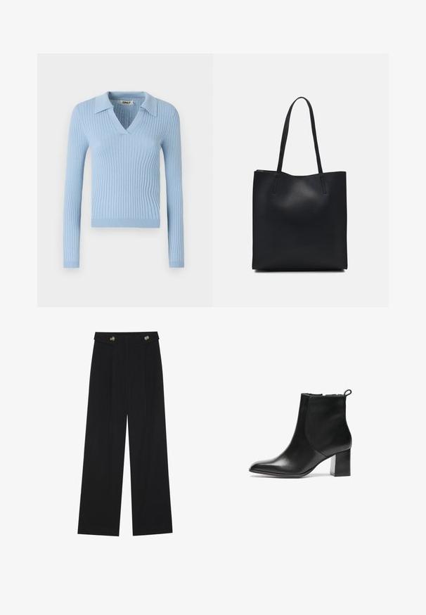 Pull-over bleu clair côtelé avec manches longues, décolleté en V et col ; dispose d'une texture douce et d'un design ajusté.; Pantalons larges noirs à taille haute, avec des détails de boutons à la taille et des plis sur le devant.; Bottes noires en cuir à hauteur de cheville avec un bout arrondi, un talon bloc de hauteur moyenne et une languette à l'arrière. Texture lisse, design minimal.; Sac fourre-tout en cuir noir avec une texture lisse, de forme rectangulaire et deux longues poignées. Pas de matériel ou d'ornementations visibles.