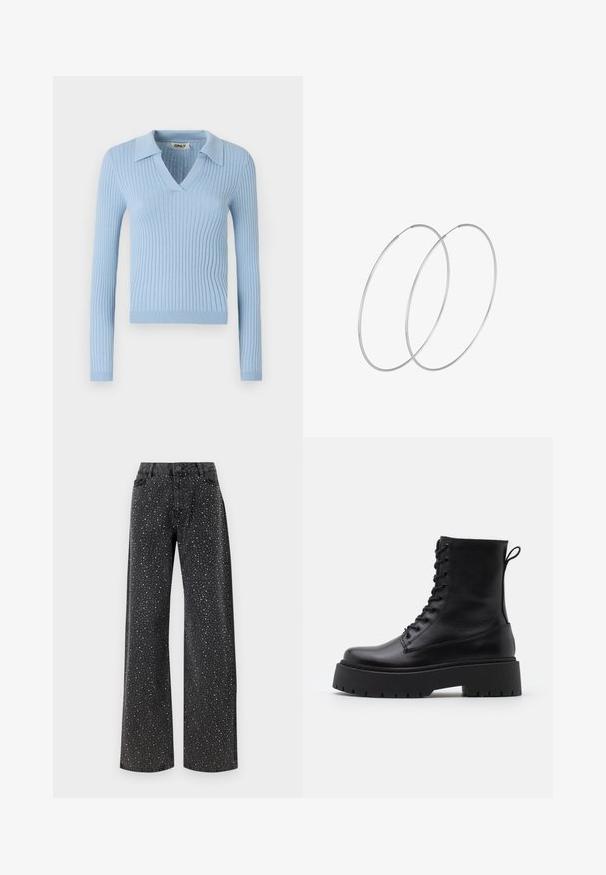 Vaaleansininen ribbiketjuinen neulepaito, jossa on pitkät hihat, V-pääntie ja kaulus; omaa pehmeän rakenteen ja istuvan muotoilun.; Noisy May NMJANNEL LOOSE - Relaxed fit -farkut - black denim; Musta nahkainen nilkkureita, joissa on pyöreä kärki, nauhakiinnitys edessä ja paksu kumipohja, jossa on teksturoitu pinta. Takana vetotappi.; Hopehope hopeilla, joissa on minimalistinen muotoilu. Pyöreä muoto, sileä pinta ja ohut profiili. Kevyet ja kiillotetut.