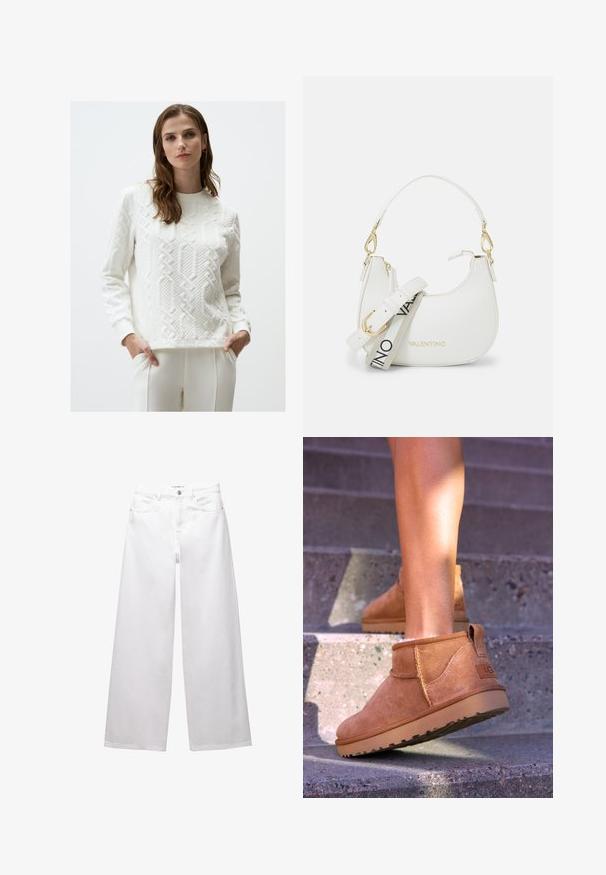 White quilted sweatshirt with a textured geometric pattern, crew neck, and ribbed cuffs. Paired with white relaxed-fit pants.; White wide-leg jeans made from denim. Features button closure, front and back pockets, and stitched seams. Smooth texture with minimal detailing.; Tan suede ankle boots with a soft texture, stitched detailing, and a rubber sole, featuring a looped heel for easy wear.; White handbag with a curved silhouette, textured leather, gold hardware, and a detachable strap featuring a logo and buckle detail.