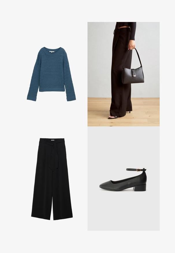 Kék kötött pulóver kerek nyakkivágással, texturált mintával, hosszú ujjal és bordázott szegéllyel. Hétköznapi dizájn, puha anyag, könnyű.; Fekete, bő szárú nadrág, texturált anyagból, rugalmas derékpánttal és levehető sállal a derekán, amely állítható illeszkedést biztosít.; Fekete bőr magassarkú cipő hegyes orral és alacsony tömb sarkal. Bokapánttal rendelkezik, aranyszínű csattal. Simább textúra.; Fekete kézi táska strukturált formával, sima textúrával és fémből készült záródással. Széles fekete nadrággal és nyitott orrú szandállal párosítva, fából készült padlón.