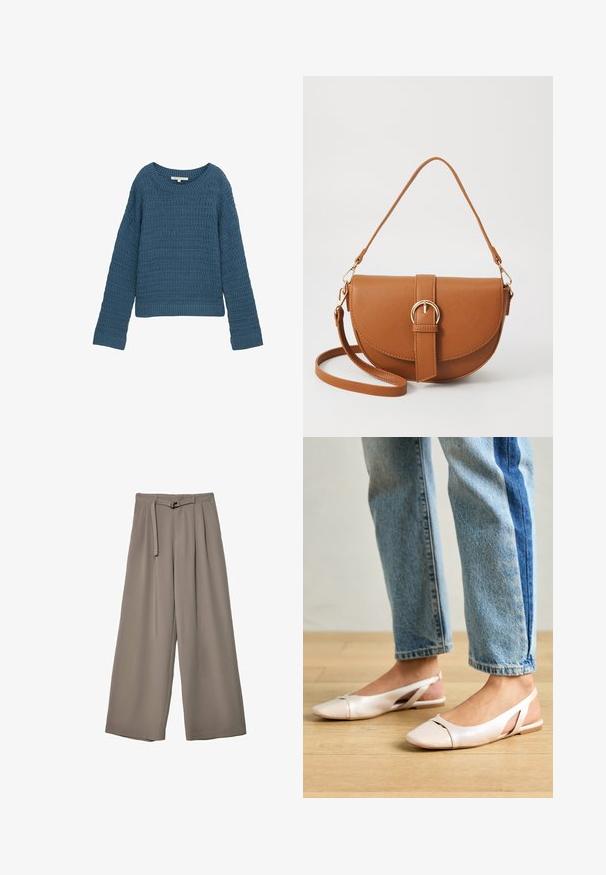 Blå stickad tröja med rund halsringning, texturerat mönster, långa ärmar och ribbat nederkant. Avslappnad design, mjukt material, lättviktig.; Breda byxor i ett mjukt, dämpat grått tyg, med belagd midja och veck för extra designdetaljer. Slät textur, inga mönster.; Ljust rosa slingback-lägenheter med spetsig tå, tillverkade av ett slätt läderliknande material. Har utskurna detaljer på sidorna och en platt häl.; Brun läder crossbody-väska med en böjd form, gyllene detaljer och en spänneaccent. Har en avtagbar axelrem.