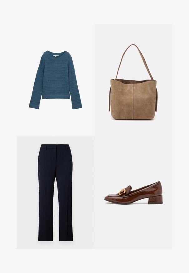 Maglione blu lavorato a maglia con scollatura rotonda, motivo testurizzato, maniche lunghe e orlo a coste. Design casual, materiale morbido, leggero.; Pantaloni tailored blu navy con taglio dritto, realizzati in tessuto morbido. Presentano passanti per cintura, tasche frontali e un design pulito della vita.; Mocassini in pelle marrone con finitura lucida, caratterizzati da una fibbia dorata decorativa sulla parte anteriore e un tacco basso a blocco. Design classico.; Borsa a spalla in suede marrone con una texture morbida, apertura superiore e una sola tracolla. Presenta una finitura liscia e un design minimale.