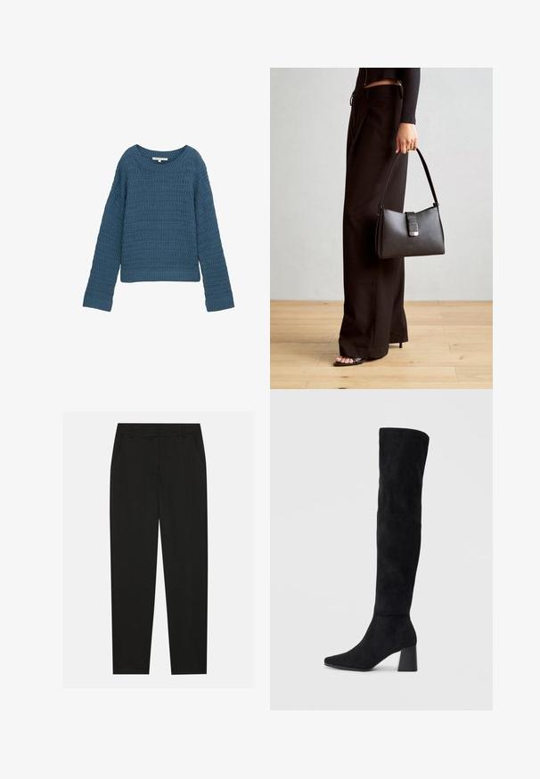 Zils adīts džemperis ar apaļu kakla izgriezumu, strukturētu rakstu, garām piedurknēm un ribotu apakšmalu. Ikdienas dizains, mīksts materiāls, viegls.; Melnas bikses ar pielāgotu dizainu, ar sānu kabatām un taisnu kāju. Izgatavotas no gluda, viegla auduma ar elegantu apdari.; Melna zamšāda līdz ceļiem, ar blokveida papēdi, norādītu purngalu un gludu, bezšuvju dizainu uz vienkārša gaiša fona.; Melnā somiņa ar strukturētu formu, gludu tekstūru un metālu sprādzi. Saskaņota ar platām melnām biksēm un sandālēm ar atvērtu purngalu uz koka grīdas.