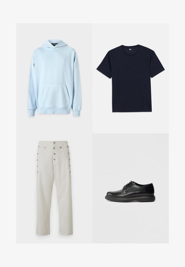 Gaiši zils kapuce ar priekšējo kabatu, ribiņām rokām un izšūtu logo uz krūtīm. Izgatavots no mīksta kokvilnas maisījuma auduma.; Tumši zila kokvilnas t-krekls ar īsām piedurknēm, apaļu kakla izgriezumu un minimāliem šuvju detalizējumiem. Vienkāršs dizains bez redzamām rakstu vai akcentu pazīmēm.; Kremkrāsas bikses ar taisnu griezumu, kurām abās pusēs ir dekoratīvi sudraba krāsas pogu akcenti un gluda auduma tekstūra.; Melnas ādas šņorējamās oksfordas kurpes ar biezām zolēm un uzrakstu "WATERMAN" izspiests sānos, parādītas profilā uz gaiši pelēka fona.