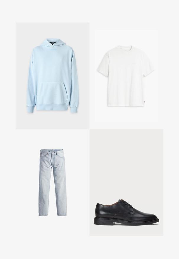 Hanorac albastru deschis cu buzunar frontal, manșete riblate și un logo brodat pe piept. Realizat dintr-un material moale, cu amestec de bumbac.; Tricou alb din bumbac cu mâneci scurte, guler rotund și logo-ul subtil Levi's imprimat în centrul său. Textură moale și croială standard.; Jeans din denim de culoare albastră deschisă, cu design drept, cu nasturi la fermoar, cinci buzunare și o textură ușor decolorată. Au accente de metal.; Pantofle din piele neagră cu vârful rotund, design cu șireturi și toc jos stratificat. Textură netedă cu detalii de cusătură minime.