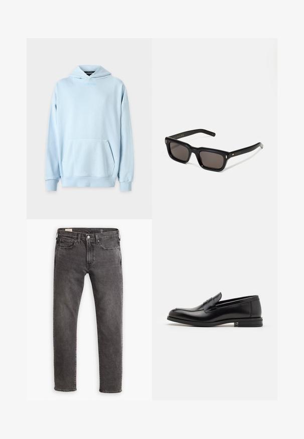 Felpa leggera blu con cappuccio, caratterizzata da una tasca frontale, polsini a costine e un logo ricamato sul petto. Realizzata in morbido tessuto misto cotone.; T-shirt bianca a maniche lunghe realizzata in morbido cotone. Collo a girocollo con orli dritti e senza motivi o grafiche visibili.; Jeans in denim grigio con taglio dritto, design a cinque tasche e chiusura con bottone. Presentano un leggero scolorimento e cuciture tonali su tutta la superficie.; Mocassini neri in pelle con una texture liscia, punta arrotondata e una striscia decorativa sulla tomaia. Tacco basso impilato, design minimalista.; Occhiali da sole neri rettangolari con lenti scure, montatura spessa in plastica, dettagli dorati sulle tempie e logo del marchio inciso sull'asta.
