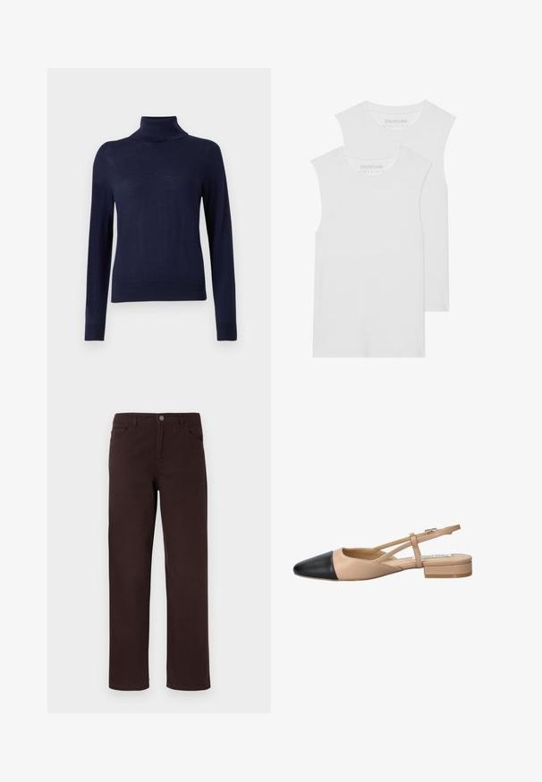 Jūras spēku turtlenecks džemperis, izgatavots no smalkas adījumā, ar garām piedurknēm, ribotu apkakli un pieguļošu dizainu bez redzamām rakstu vai detaļām.; Divi baltie bezstaru T-krekli, kas izgatavoti no mīksta kokvilnas auduma, ar noapaļotu kakla izgriezumu un bez redzamām rakstām vai metāla elementiem.; Brūni kokvilnas bikses ar taisnu kāju designu, divām priekšējām kabatām un pogas aizdari pie jostas. Gluda tekstūra bez redzamām rakstām.; Beidzējais un melns divu tonā sūkņis ar norāvu, ar norādītu pirkstu, plakanu papēdi un krustojuma siksnu detaļu. Gluda ādas tekstūra.