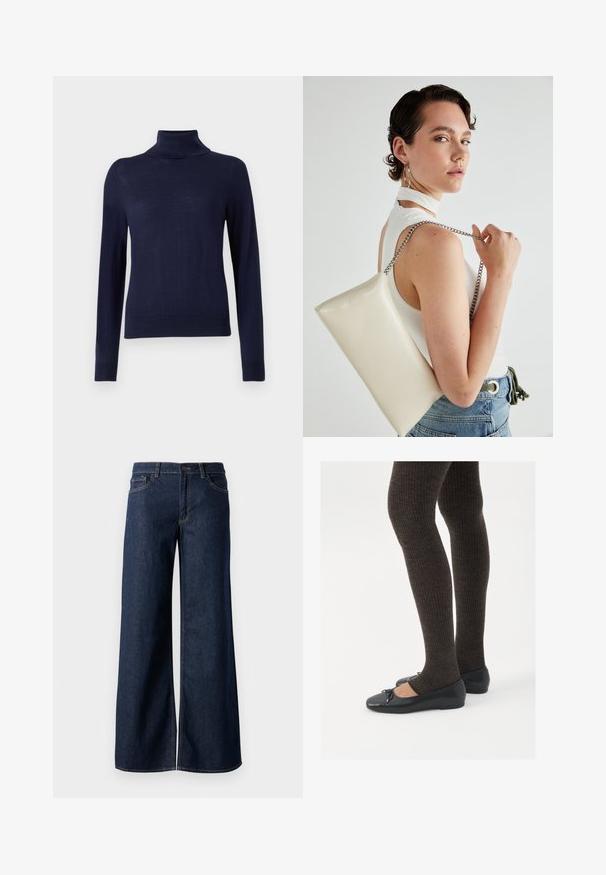 Maglione a collo alto blu navy, realizzato in un tessuto a maglia fine, presenta maniche lunghe, un colletto a costine e un design aderente senza motivi o dettagli visibili.; Jeans a gamba larga in denim blu scuro. Presentano cuciture a contrasto, cinque tasche e una chiusura con bottone in vita. Texture morbida.; Scarpe nere a flat con un piccolo fiocco sulla punta, abbinate a collant a coste marrone scuro. Le scarpe hanno una texture liscia e un profilo basso.; Borsa a pochette rettangolare bianca realizzata in materiale lucido, con una tracolla in catena argentata. Il modello posa, mostrando la borsa su uno sfondo semplice.