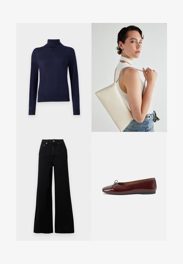 Pull à col roulé bleu marine, fabriqué en tissu tricoté fin, doté de manches longues, d'un col côtelé et d'une coupe ajustée sans motifs ni détails visibles.; Jeans larges noirs en denim, avec une taille haute, cinq poches, une fermeture à boutons sur le devant, et des détails de couture minimaux.; Ballerines en cuir verni bordeaux avec un bout rond, un petit nœud décoratif à l'avant et une semelle en caoutchouc noire basse. Texture lisse.; Pochette rectangulaire blanche en matériau brillant, avec une bandoulière en chaîne argentée. Le modèle pose en mettant en valeur le sac contre un fond uni.