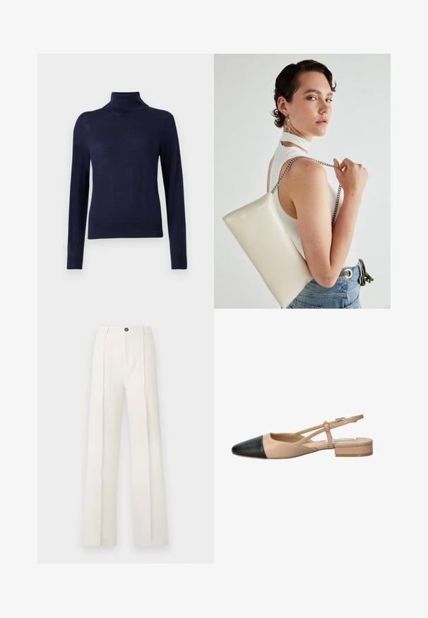 Mornarica pulover s turtleneck ovratom, izdelan iz fine pletenine, ima dolge rokave, rebrast ovratnik in prilagojen kroj brez vidnih vzorcev ali podrobnosti.; Bela široka hlače z visokim pasom, ki imajo dva sprednja pregiba, en gumb za zapiranje in žepe. Gladka tekstura tkanine.; Bežna in črna dvobarvna slingback čevlja s koničastim noskom, ravnim peto in križno zasnovo traku. Gladka usnjena tekstura.; Bela pravokotna torbica za ključe iz sijajnega materiala, opremljena s srebrno verižico. Model pozira in prikazuje torbico na enobarvni podlagi.