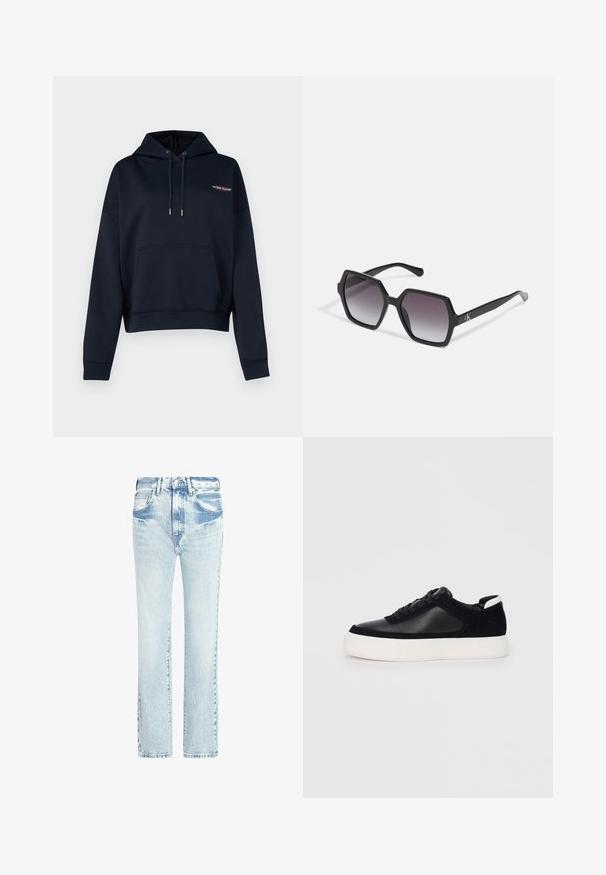 Guess Jeans AMERICAN TRAD - Sweatshirt - daring ocean; Ljusblå denimjeans med rak bendesign, fem fickor och en urtvättad textur. Har synlig sömnad och en klassisk knäppning.; Svart sneaker med slät läder- och mockapaneler, platta snören, rundad tå och en vit gummisula. Distinkt logotyp på hälen.; Svarta sexkantiga solglasögon med gradientlinser, med en glansig finish och subtil branding på skalmen. Hållbar plastkonstruktion.