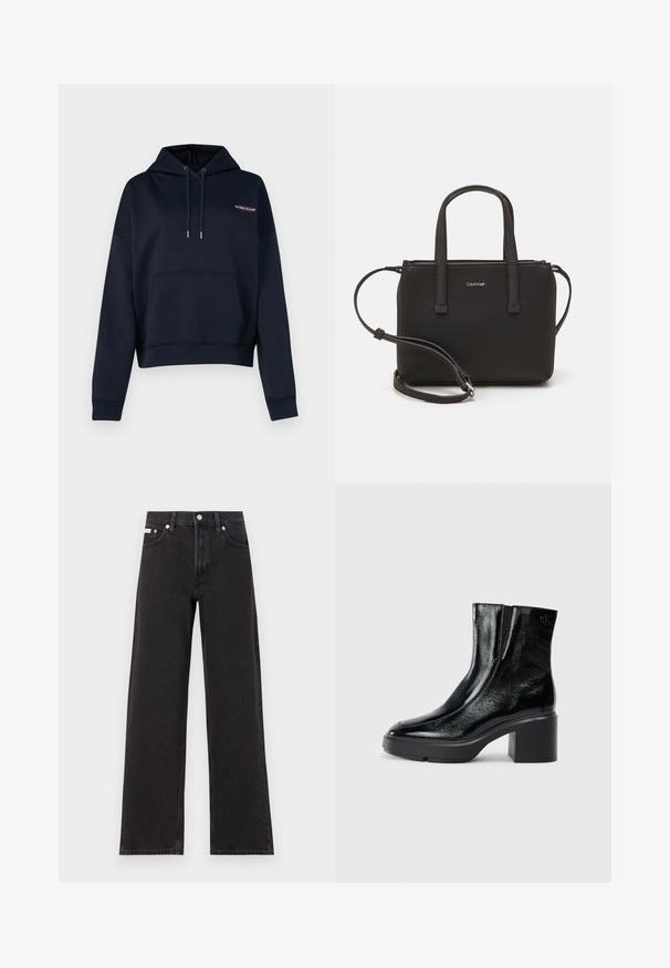 Guess Jeans - Bluza; Czarne dżinsy o szerokich nogawkach, wykonane z denimu, z wysokim stanem, pięcioma kieszeniami oraz metalowym zapięciem z kontrastowym szwem.; Czarne lakierowane botki za kostkę z zaokrąglonym noskiem, elastycznymi panelami bocznymi i masywnym obcasem blokowym. Posiadają wytłoczone logo z tyłu.; Czarna torebka z dwoma krótkimi uchwytami i odpinanym paskiem na ramię. Gładki materiał przypominający skórę, z zamkiem błyskawicznym i detalem z logo.