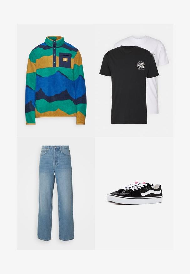 Helly Hansen MARIDALEN FLEECE - Fleece jumper - emerald; Pack of two t-shirts: one black, one white. Both feature short sleeves and a circular logo on the chest in contrasting color. Cotton material.; High-waisted light blue denim jeans with straight legs, front button closure, and five-pocket styling on plain background.; Black suede sneakers with white laces, featuring a prominent white side stripe and black rubber sole, showcasing contrast stitching details.