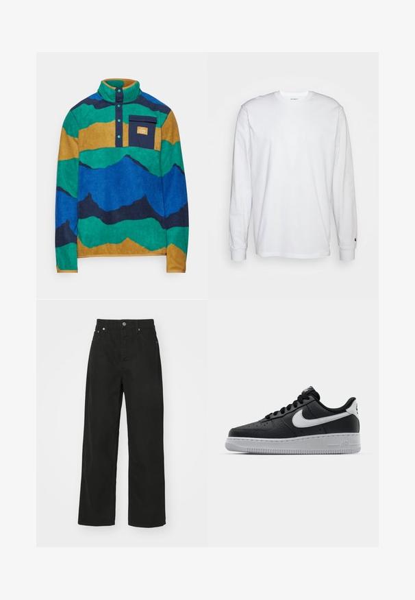 Helly Hansen MARIDALEN FLEECE - Fleecepullover - emerald; Weißes Langarm-T-Shirt aus Baumwolle. Rundhals-Design mit gerippten Bündchen und kleinem Logo auf dem linken Ärmel. Glatte Textur.; Schwarze Denim-Hosen mit geradem Bein, ausgestattet mit fünf Taschen, einem Knopfverschluss und einem klassischen Bund. Glatte Textur.; Schwarze Ledersneaker mit strukturierten Oberflächen, weißem Nike-Swoosh, grauer Sohle, runder Zehenpartie und Schnürdesign. Verfügt über Perforationen an der Zehenbox.