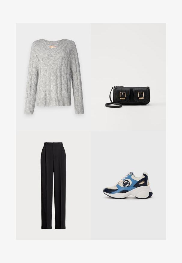 Gray cable-knit sweater with a V-neck, long sleeves, and ribbed hem. The texture appears soft and chunky, featuring a classic pattern.; Black tailored trousers with a high waist, featuring pleats at the front, a straight leg design, and a cuffed hem. Made from smooth fabric.; White, navy, and light blue suede sneaker with chunky sole and circular embroidered logo on the side.; Black leather crossbody bag with two front pockets, gold buckles, zipper closure, and a slim strap. Textured surface and compact rectangular shape.