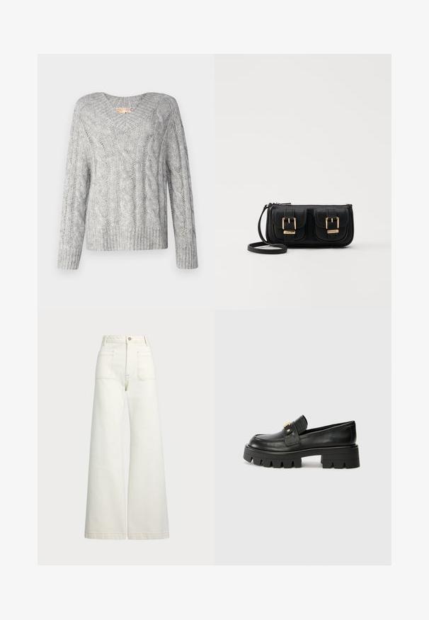 Grauer Kabelstrickpullover mit V-Ausschnitt, langen Ärmeln und geripptem Saum. Die Textur wirkt weich und voluminös und weist ein klassisches Muster auf.; Weite Jeans aus off-white Denim. Hoch tailliertes Design mit Knopfverschluss, zwei Fronttaschen und kontrastierenden Stickdetails.; Schwarze Lederloafers mit einer klobigen Sohle, die an der Vorderseite ein goldfarbenes Akzent und eine glatte Oberfläche aufweisen. Klobiges Profil-Design auf der Sohle.; Schwarze Leder-Umhängetasche mit zwei vorderen Taschen, goldenen Schnallen, Reißverschluss und einem schmalen Tragegurt. Texturierte Oberfläche und kompakte rechteckige Form.