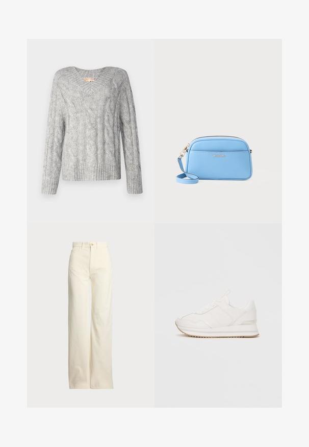 Grauer Kabelstrickpullover mit V-Ausschnitt, langen Ärmeln und geripptem Saum. Die Textur wirkt weich und voluminös und weist ein klassisches Muster auf.; Polo Ralph Lauren COTTON CORDUROY WIDE-LEG PANT - Stoffhose - warm white; Weiße Low-Top-Sneaker mit Schnürung, gepolsterter Sohle und beige farbener Gummisohle vor einfarbigem Hintergrund.; Hellblaues Leder-Crossbody-Bag mit goldfarbenen Beschlägen, Reißverschluss und einer Fronttasche. Verfügt über einen verstellbaren Riemen für zusätzlichen Komfort.