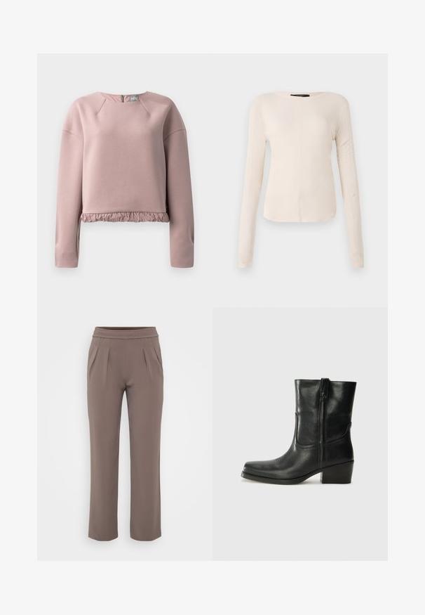 Light pink sweatshirt made of soft material, featuring a round neckline, long sleeves, and a ruffled hemline. Back zipper detail.; Long-sleeve, light beige top with a round neckline. Made of soft fabric, features a central seam and slightly curved hem. No visible hardware.; Taupe loose-fit trousers with elastic waistband and front pleats, made from smooth fabric.; Black leather ankle boot with a rounded toe, block heel, side zipper, and stitching accents on the vamp. Smooth texture, classic design.