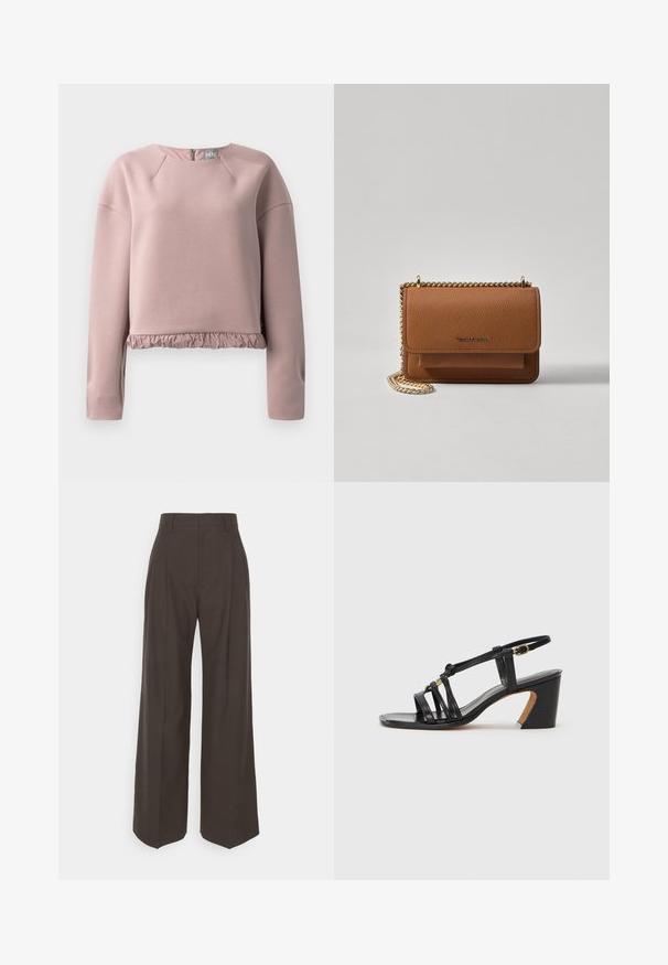 Világos rózsaszín pulóver, puha anyagból, lekerekített nyakkivágással, hosszú ujakkal és fodros szegéllyel. Hátsó cipzár részlet.; Sötétbarna, bő szárú nadrág magas derékkal, tisztán vasalt redőkkel, sima textúrával és testhez simuló fazonnal.; Paul Smith AMIRA - Klasszikus sarkú cipők - black; Barna textúrájú bőr keresztbody táska arany lánc pánttal és fedélzárral. Az elején logó részlet és egy zseb található a fedél alatt.